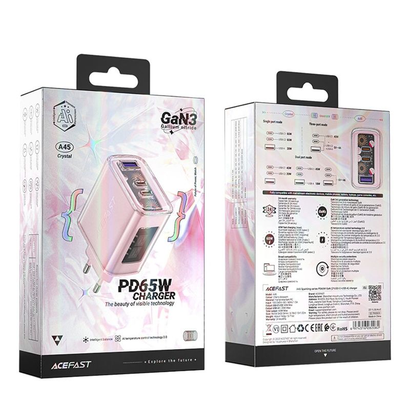 Laptop, Telefoane si Tablete - Telefoane mobile si accesorii - Accesorii Telefoane - Incarcatoare telefoane - Acumulator pentru Priza, 2 X USB-C, USB, GaN, PD65W - Acesfast (A45) - Cherry Blossom - Infinity.ro