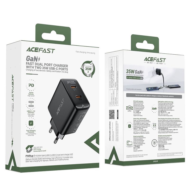 Laptop, Telefoane si Tablete - Telefoane mobile si accesorii - Accesorii Telefoane - Incarcatoare telefoane - Acumulator pentru Priza EU, 2x Type-C, GaN, Universal - Acefast (A49) - Negru - Infinity.ro