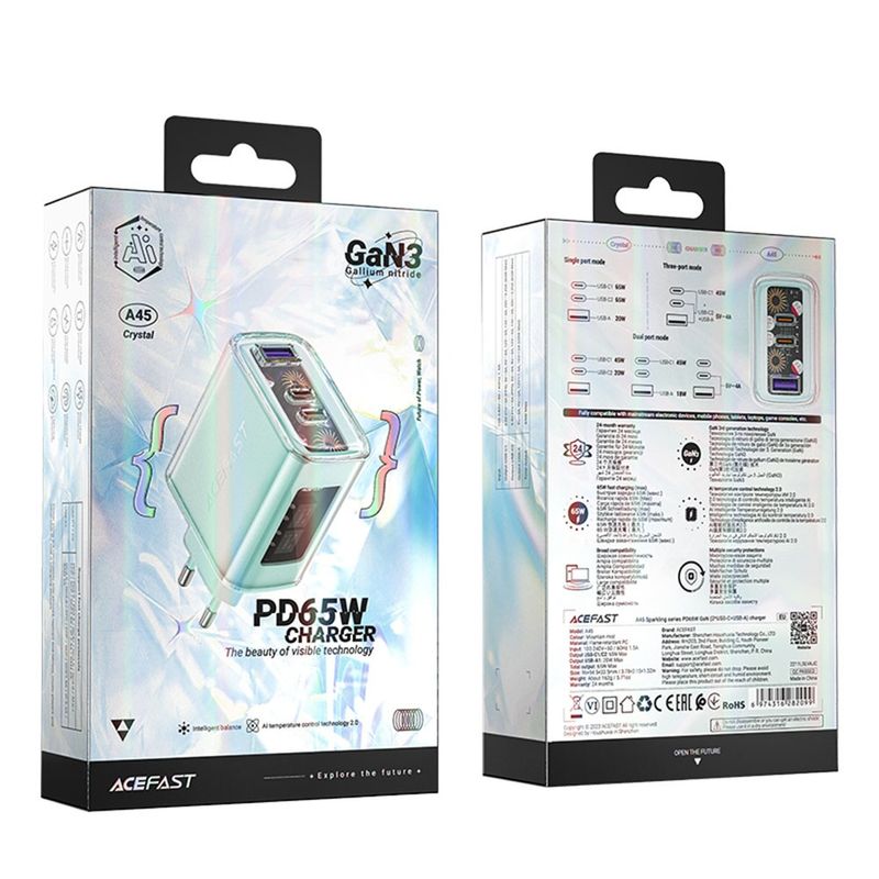 Laptop, Telefoane si Tablete - Telefoane mobile si accesorii - Accesorii Telefoane - Incarcatoare telefoane - Acumulator pentru Priza, 2 X USB-C, USB, GaN, PD65W - Acesfast (A45) - Mountain mist - Infinity.ro
