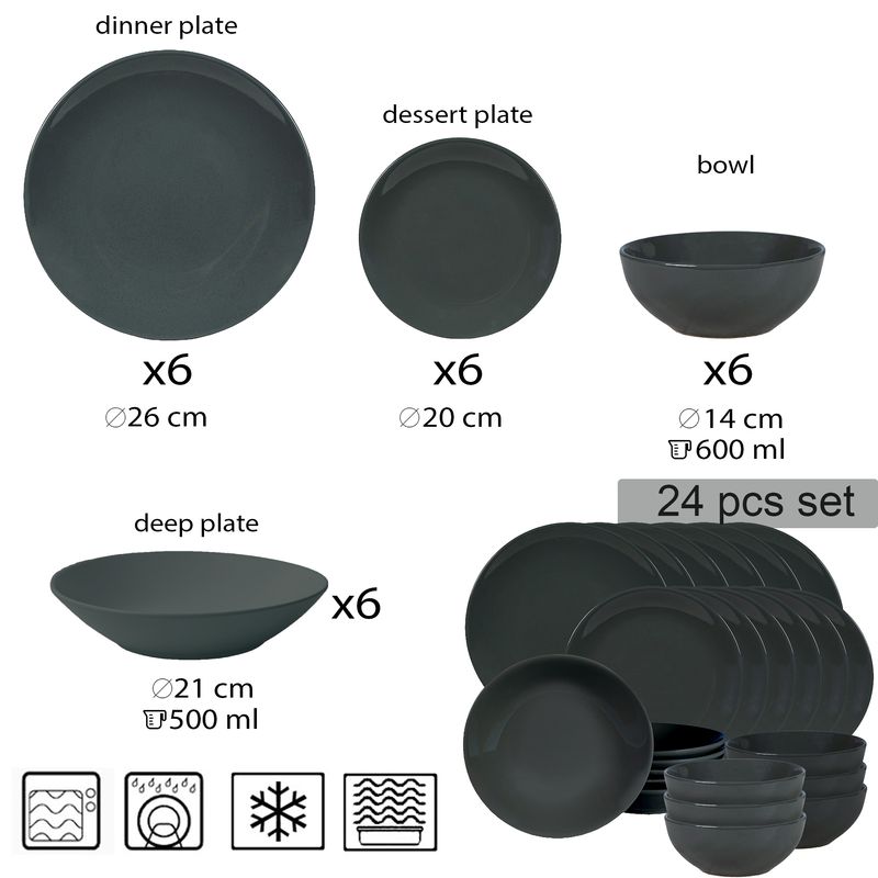 Casa si Gradina - Bucatarie si vesela - Vesela si tacamuri - Farfurii si boluri - Set farfurii 24 piese, pentru 6 persoane, Iron, Cesiro, Gri Inchis - Infinity.ro