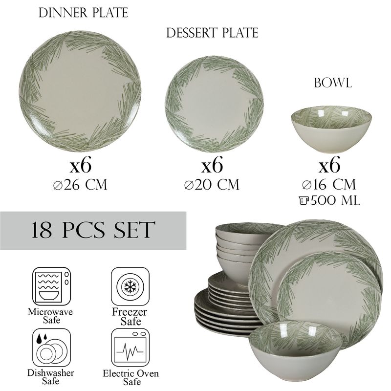 Casa si Gradina - Bucatarie si vesela - Vesela si tacamuri - Farfurii si boluri - Set farfurii 18 piese, pentru 6 persoane, Silver Fir, Cesiro, Alb Ivoire lucios cu gri - Infinity.ro