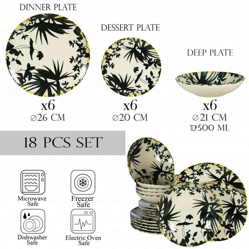 Casa si Gradina - Bucatarie si vesela - Vesela si tacamuri - Farfurii si boluri - Set farfurii 18 piese, pentru 6 persoane, Hawaii, Cesiro, Alb ivoire cu frunze negre - Infinity.ro
