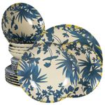 Casa si Gradina - Bucatarie si vesela - Vesela si tacamuri - Farfurii si boluri - Set farfurii 18 piese, pentru 6 persoane, Hawaii, Cesiro, Alb ivoire cu frunze albastru inchis - Infinity.ro