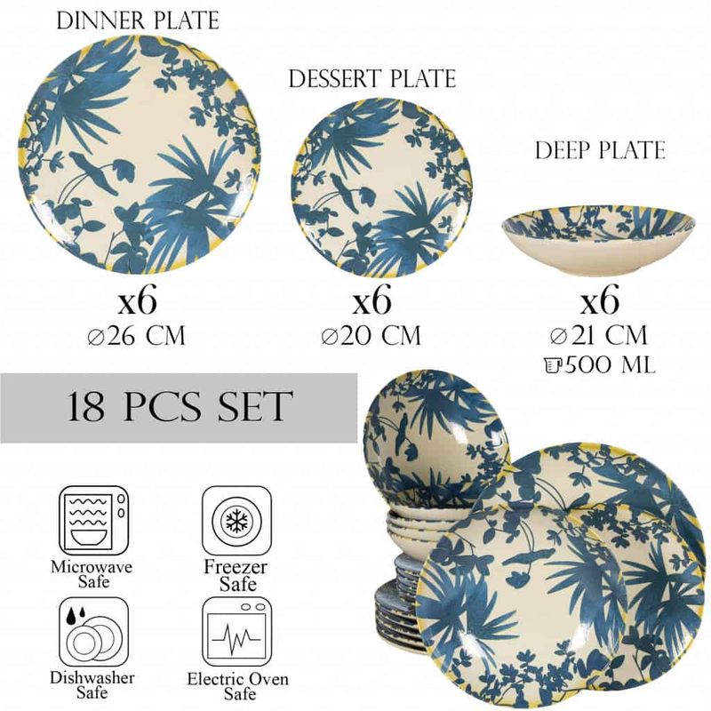 Casa si Gradina - Bucatarie si vesela - Vesela si tacamuri - Farfurii si boluri - Set farfurii 18 piese, pentru 6 persoane, Hawaii, Cesiro, Alb ivoire cu frunze albastru inchis - Infinity.ro