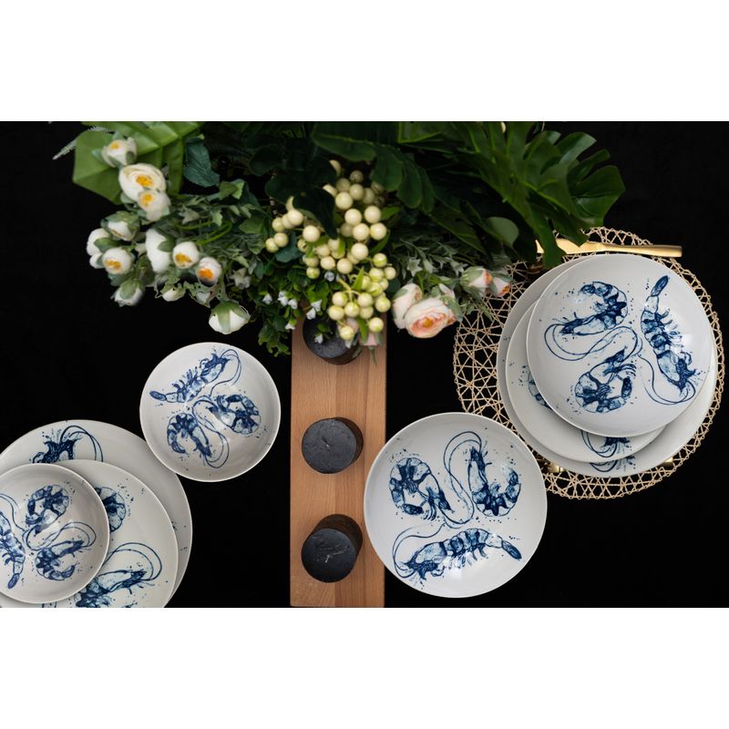 Casa si Gradina - Bucatarie si vesela - Vesela si tacamuri - Farfurii si boluri - Set farfurii 12 piese, pentru 4 persoane, Alastru Marin, Cesiro, Alb cu model creveti - Infinity.ro