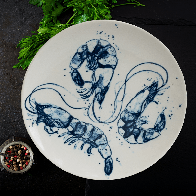 Casa si Gradina - Bucatarie si vesela - Vesela si tacamuri - Farfurii si boluri - Set farfurii 12 piese, pentru 4 persoane, Alastru Marin, Cesiro, Alb cu model creveti - Infinity.ro