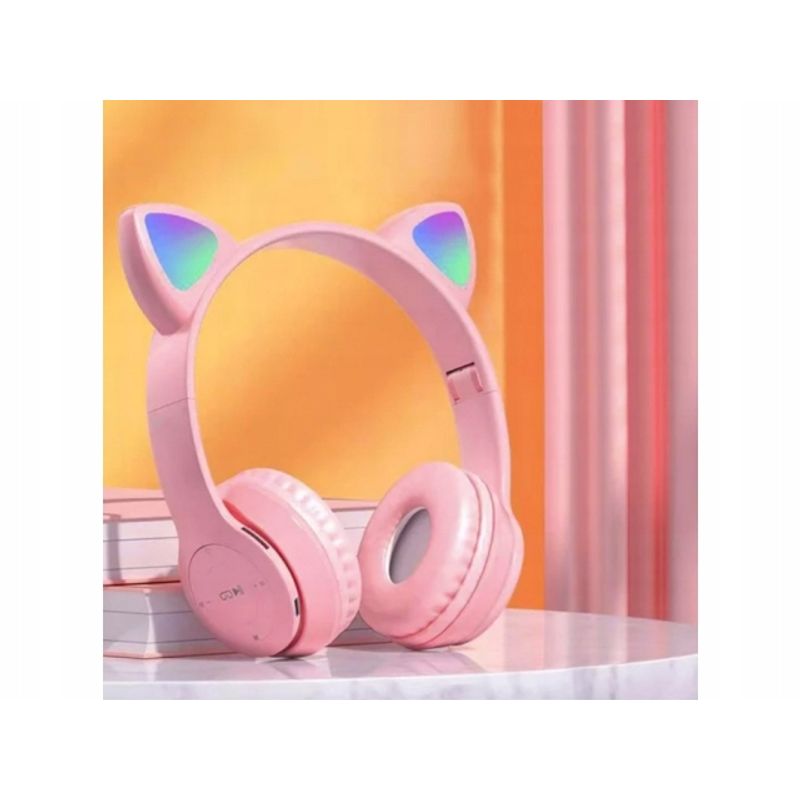 TV, Audio-Video si Foto - Portabile audio - Casti audio - Casti Bluetooth LED RGB, model urechi de pisica, incarcare USB, slot card memorie, roz - Infinity.ro