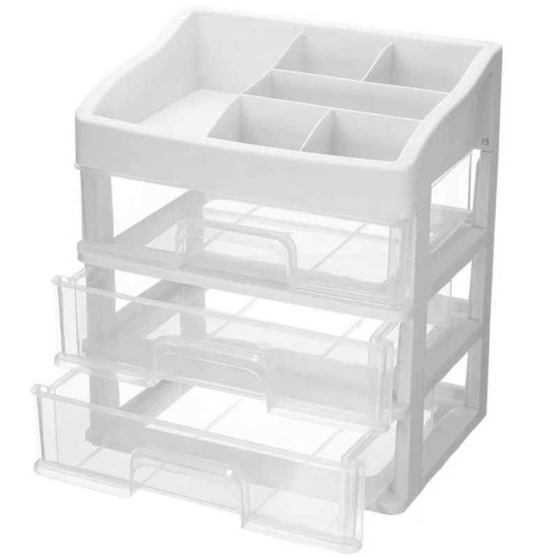 Ingrijire personala si Cosmetice - Machiaj - Portfarduri si genti cosmetice - Organizator pentru cosmetice, 3 sertare, 6 compartimente, plastic, alb/transparent - Infinity.ro