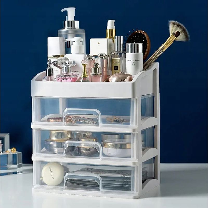 Ingrijire personala si Cosmetice - Machiaj - Portfarduri si genti cosmetice - Organizator pentru cosmetice, 3 sertare, 6 compartimente, plastic, alb/transparent - Infinity.ro