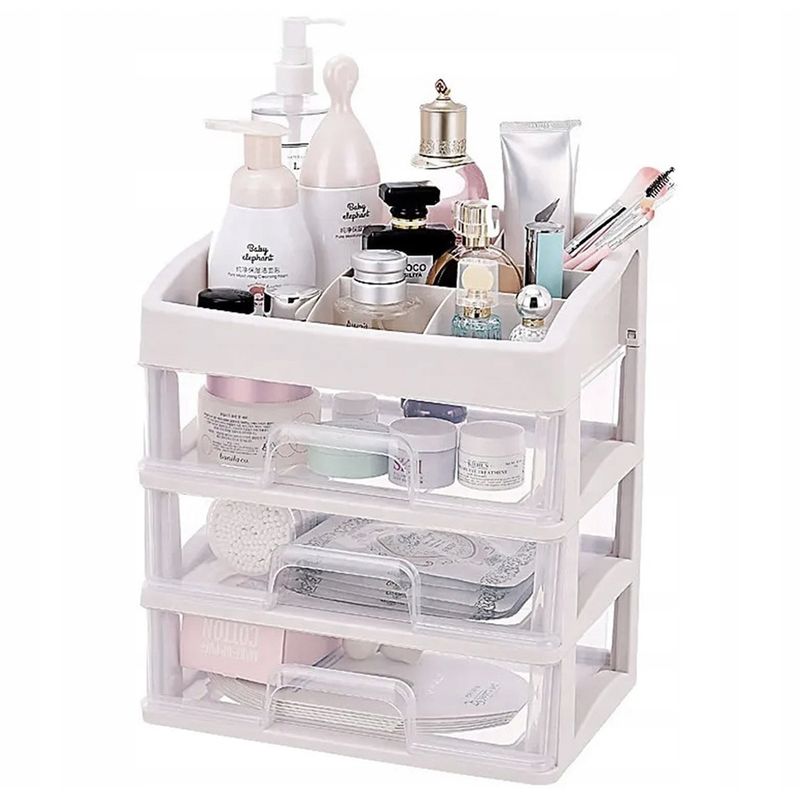 Ingrijire personala si Cosmetice - Machiaj - Portfarduri si genti cosmetice - Organizator pentru cosmetice, 3 sertare, 6 compartimente, plastic, alb/transparent - Infinity.ro