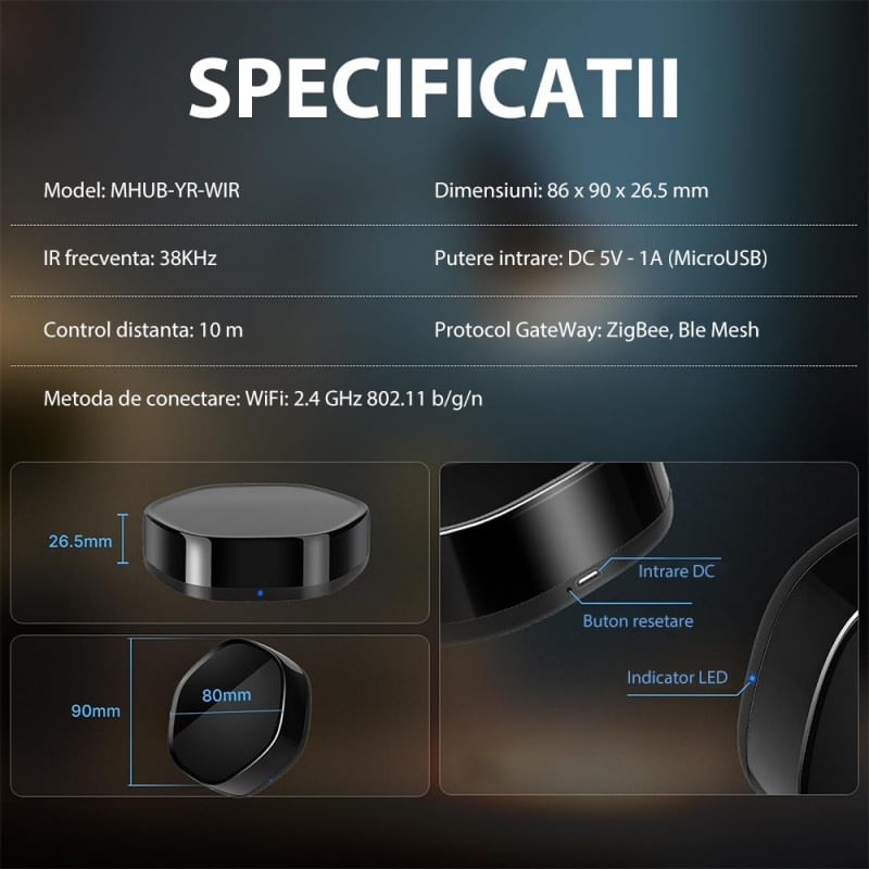 Casa si Gradina - Electrice - Smart Home - Control acces si accesorii - Hub inteligent si telecomanda IR inteligenta 2 in 1 Techstar®, WiFi 2.4G, 5V-1A, compatibil Tuya, SmartLife, Alexa - Infinity.ro