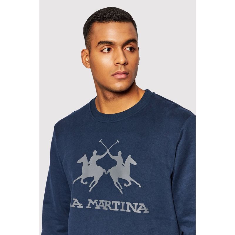 Fashion, accesorii si bijuterii - Barbati - Imbracaminte - Tricouri si bluze barbati - Bluza sport cu decolteu la baza gatului si imprimeu logo, 3XL INTL, Bleumarin - Infinity.ro