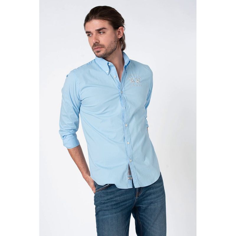 Fashion, accesorii si bijuterii - Barbati - Imbracaminte - Camasi barbati - Camasa La Martina regular fit cu logo brodat CCMC01, XL INTL, Albastru - Infinity.ro