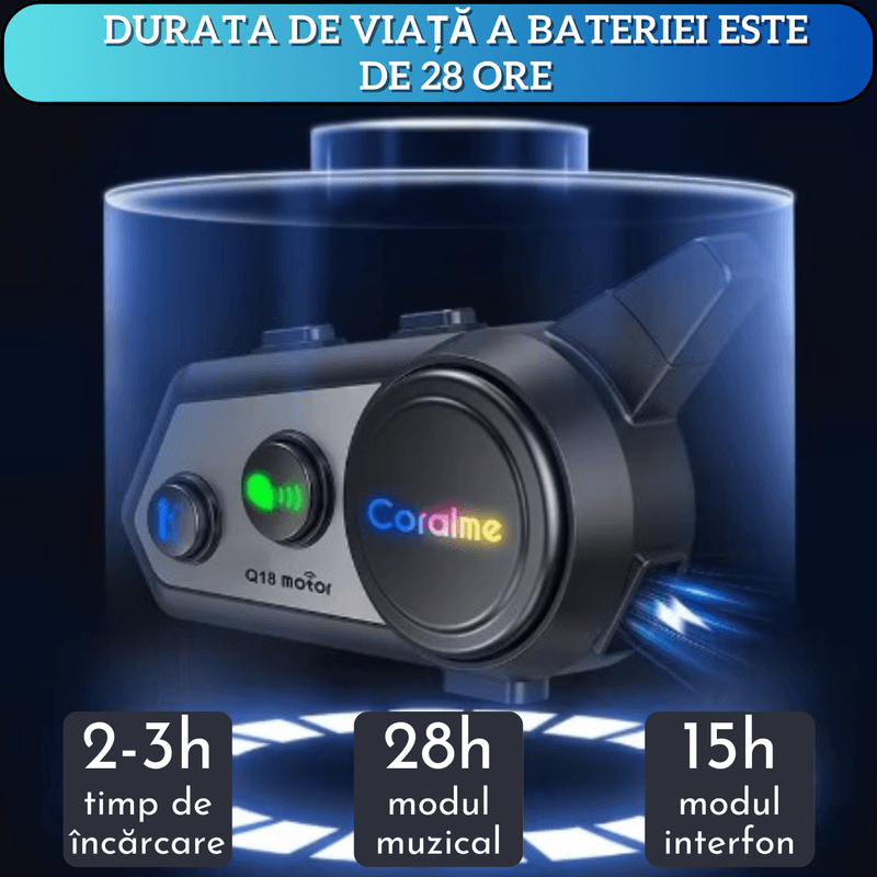 Auto si Moto - Moto - Accesorii moto si consumabile - Sistem de comunicare moto, Coralme, Adsinio,Romana si Engleza, incarcare USB, Autonomie 24 de ore, intercom 800m, Negru - Infinity.ro