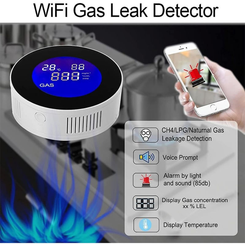 Casa si Gradina - Electrice - Smart Home - Alarme si accesorii - Detector de scurgeri de gaz si alarma de incendiu Techstar®, Wi-Fi, 150mA, Afisaj LCD, Control APP Tuya, Notificari - Infinity.ro