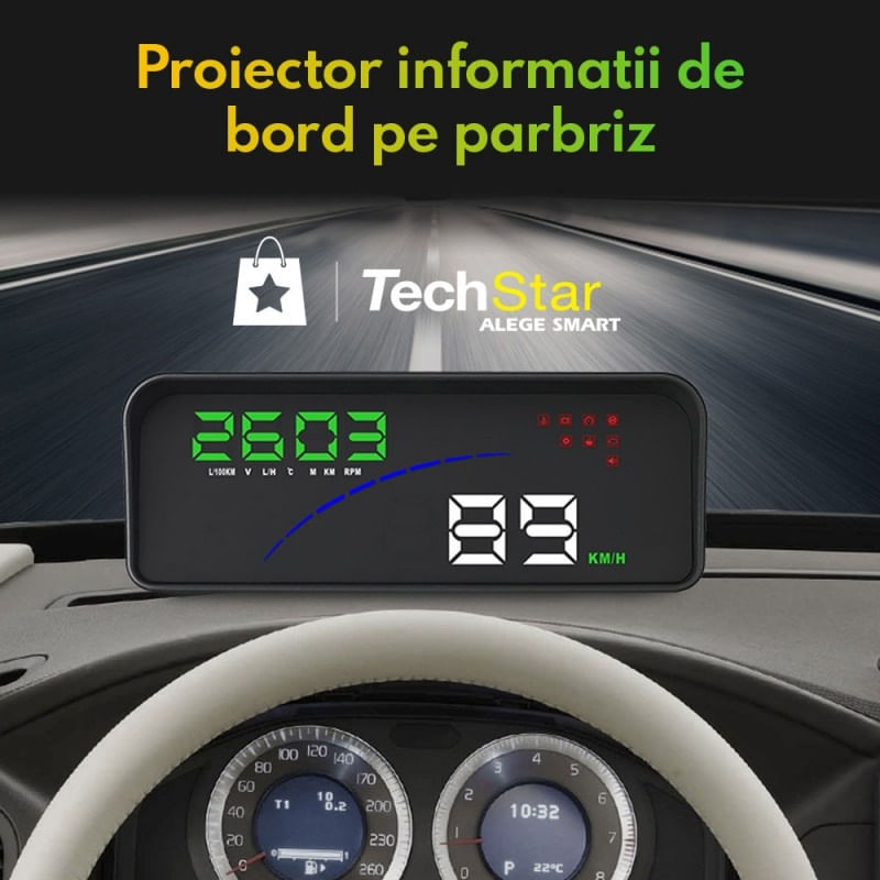 Auto si Moto - Electronice auto - Accesorii electronice auto - Proiector informatii de bord pe parbriz, Head Up Display Techstar® OBD II, P 9, display 3,6 inch, viteza vehiculului - Infinity.ro