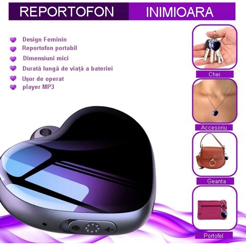 TV, Audio-Video si Foto - Portabile audio - Reportofoane - Mini reportofon inimioara Redquit , 8 GB, sunet de calitate, anulare de zgomot - Infinity.ro