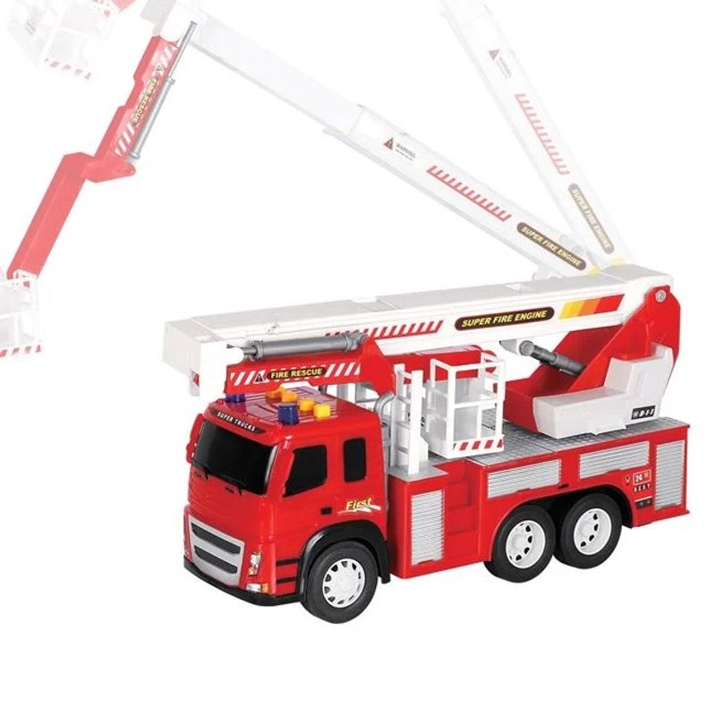 Jucarii, Copii si Bebe - Jucarii si jocuri - Vehicule si jucarii cu telecomanda - Utilaje constructie de jucarie - Vehicul de pompieri cu scara, cu sunet si lumini, macara extensibila, 38x12.5x23cm, rosu - Infinity.ro