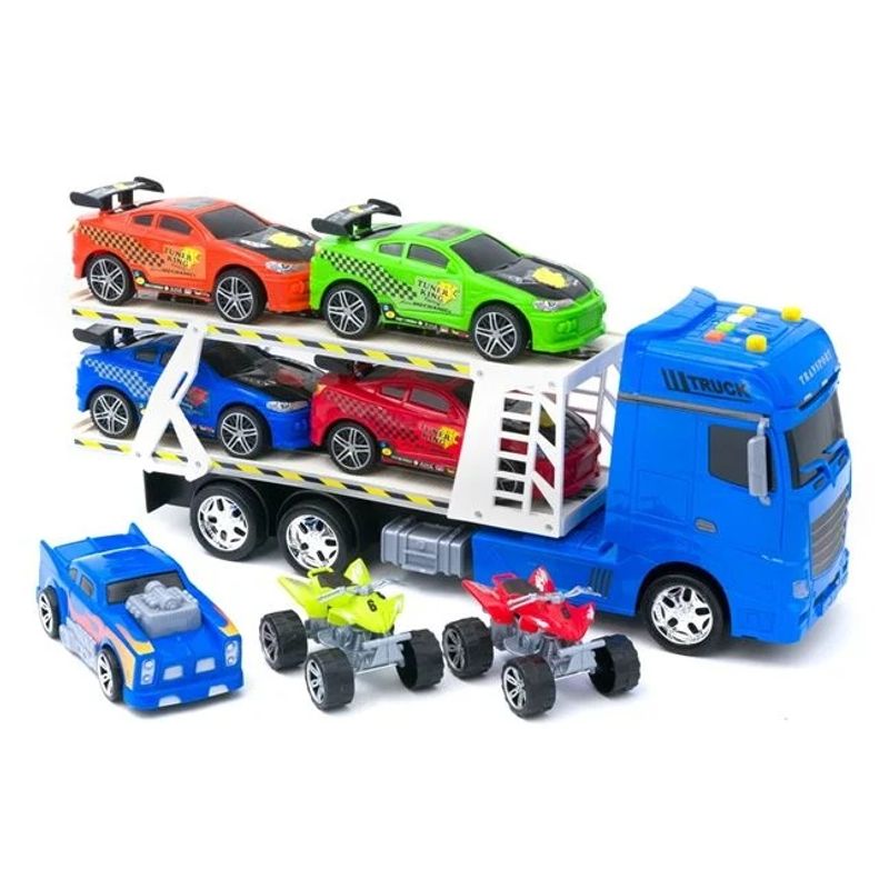 Jucarii, Copii si Bebe - Jucarii si jocuri - Vehicule si jucarii cu telecomanda - Masinute - Camion cu 7 vehicule, cu sunet si lumini, functioneaza cu 3 baterii, 68x13x21cm, multicolor - Infinity.ro
