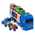 Jucarii, Copii si Bebe - Jucarii si jocuri - Vehicule si jucarii cu telecomanda - Masinute - Camion cu 7 vehicule, cu sunet si lumini, functioneaza cu 3 baterii, 68x13x21cm, multicolor - Infinity.ro