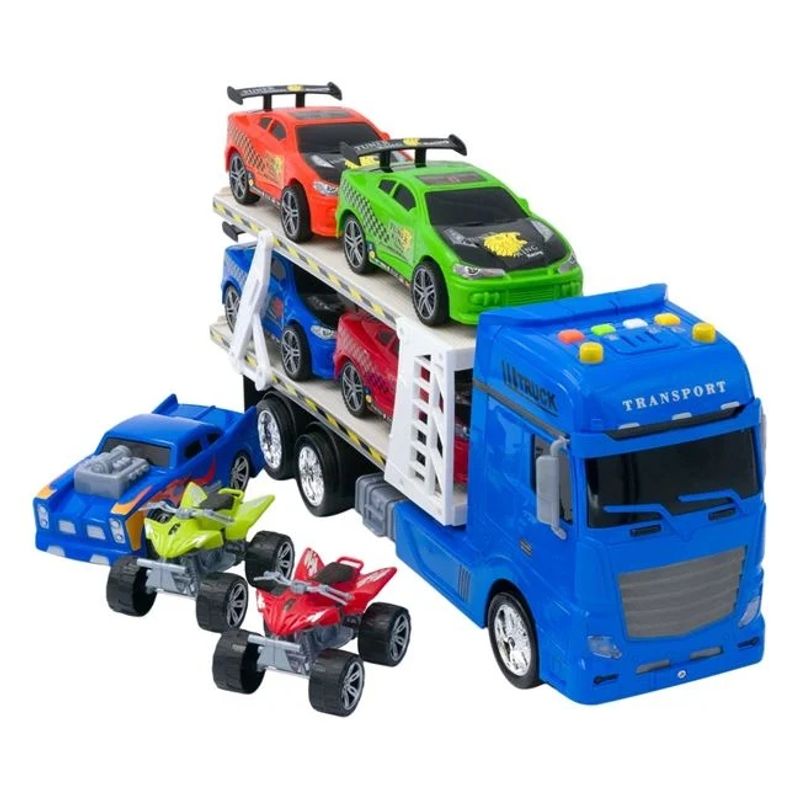Jucarii, Copii si Bebe - Jucarii si jocuri - Vehicule si jucarii cu telecomanda - Masinute - Camion cu 7 vehicule, cu sunet si lumini, functioneaza cu 3 baterii, 68x13x21cm, multicolor - Infinity.ro