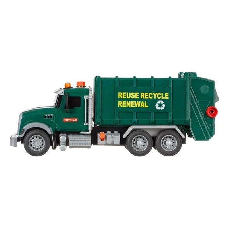 Jucarii, Copii si Bebe - Jucarii si jocuri - Vehicule si jucarii cu telecomanda - Masinute - Jucarie camion gunoier, cu 3 pubele, cu lumina si sunet, 42x14x21.5cm, verde - Infinity.ro