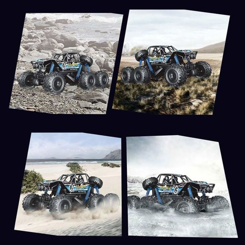 Jucarii, Copii si Bebe - Jucarii si jocuri - Vehicule si jucarii cu telecomanda - Masinute - Masina Off Road cu telecomanda, 6 roti TPR mari, sistem de suspensie, deplasare pe sol si pe apa, 52x32x26.5cm, negru - Infinity.ro