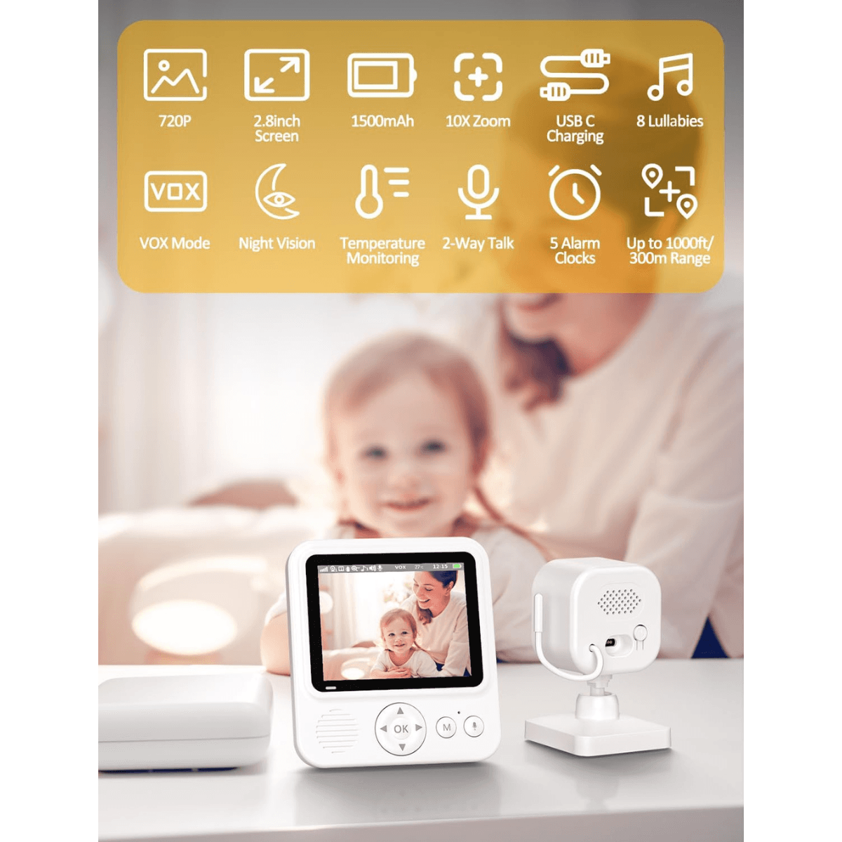 Baby Monitor Digital si Camera Audio-Video Wireless, Supraveghere Bebe, baterie1500mAh, Ecran IPS 2.8" cu Night Vision