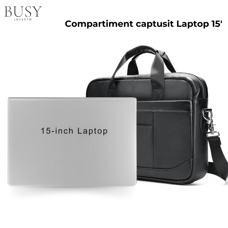 Laptop, Telefoane si Tablete - Laptopuri si accesorii - Accesorii Laptop - Genti laptop - Geanta laptop 15' Profu', piele naturala, unisex,  de umar, de mana, neagra - Infinity.ro