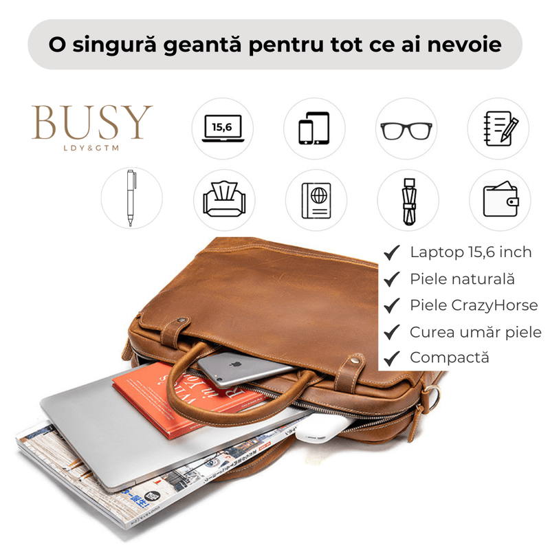 Laptop, Telefoane si Tablete - Laptopuri si accesorii - Accesorii Laptop - Genti laptop - Geanta laptop 15,6 din piele naturala CrazyHorse, BUSY LDY&GTM® Patrik, curea de umar si manere din piele,  maro - Infinity.ro