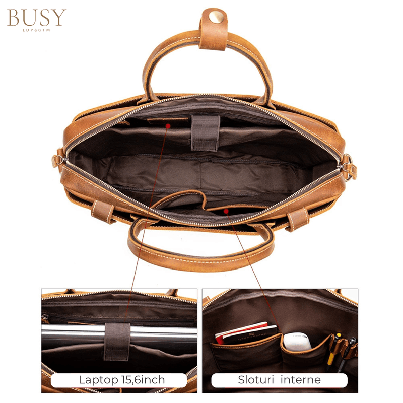 Laptop, Telefoane si Tablete - Laptopuri si accesorii - Accesorii Laptop - Genti laptop - Geanta laptop 15,6 din piele naturala CrazyHorse, BUSY LDY&GTM® Patrik, curea de umar si manere din piele,  maro - Infinity.ro