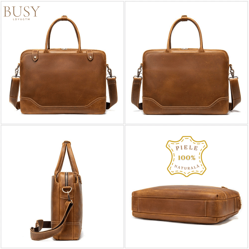 Laptop, Telefoane si Tablete - Laptopuri si accesorii - Accesorii Laptop - Genti laptop - Geanta laptop 15,6 din piele naturala CrazyHorse, BUSY LDY&GTM® Patrik, curea de umar si manere din piele,  maro - Infinity.ro
