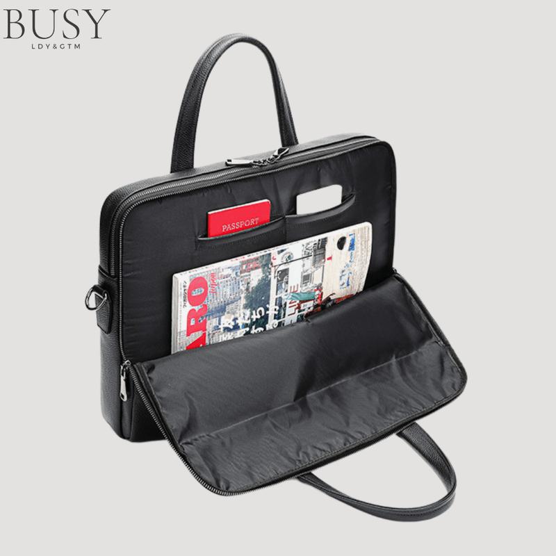 Laptop, Telefoane si Tablete - Laptopuri si accesorii - Accesorii Laptop - Genti laptop - Geanta laptop 17’ Buckingham, piele naturala, servieta unisex, suport prindere troler, compartiment tableta, neagra - Infinity.ro