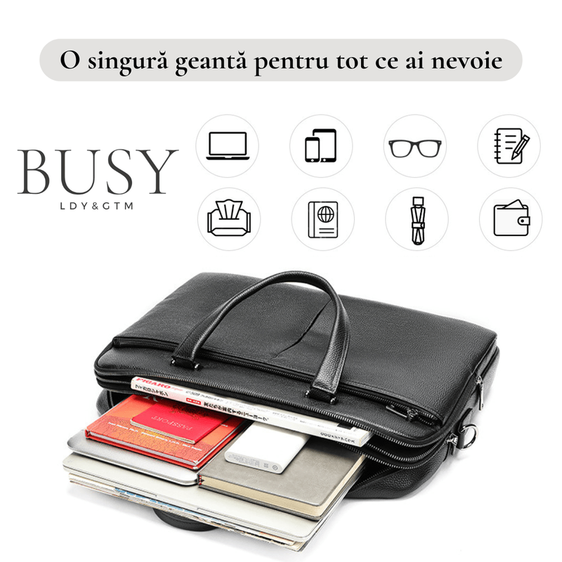 Laptop, Telefoane si Tablete - Laptopuri si accesorii - Accesorii Laptop - Genti laptop - Geanta laptop 17’ Buckingham, piele naturala, servieta unisex, suport prindere troler, compartiment tableta, neagra - Infinity.ro