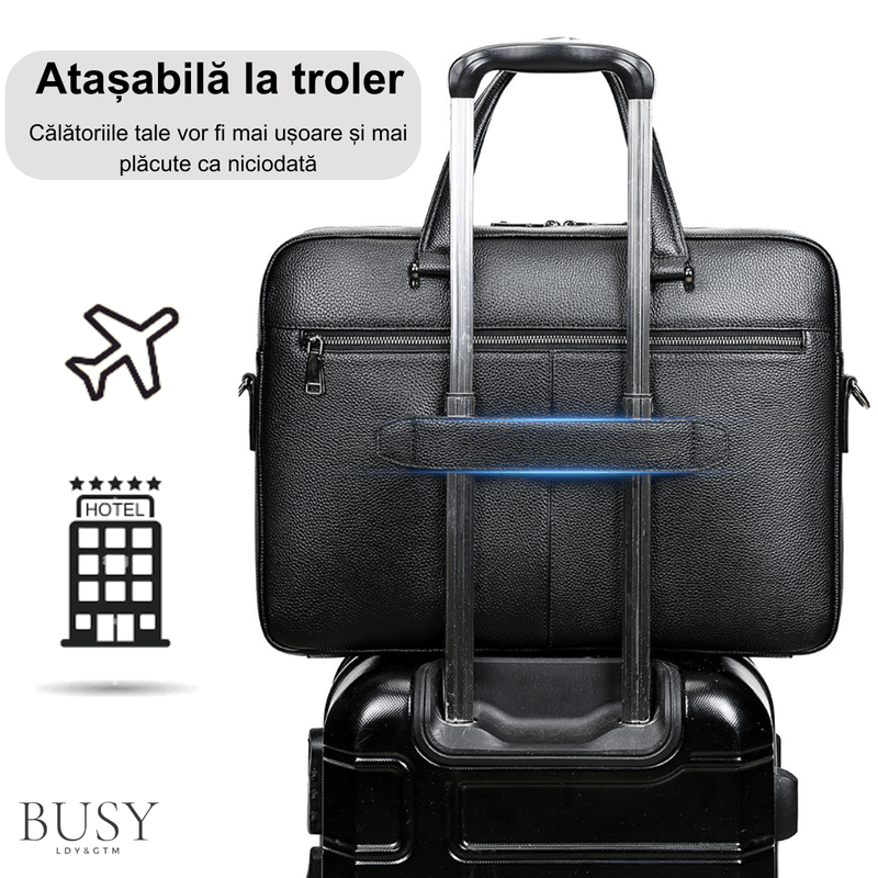 Laptop, Telefoane si Tablete - Laptopuri si accesorii - Accesorii Laptop - Genti laptop - Geanta laptop 17’ Buckingham, piele naturala, servieta unisex, suport prindere troler, compartiment tableta, neagra - Infinity.ro