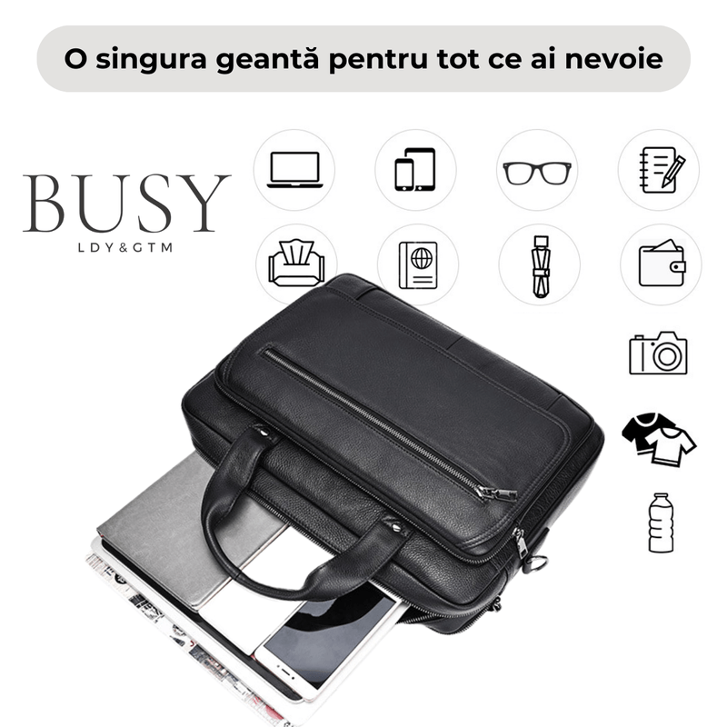 Laptop, Telefoane si Tablete - Laptopuri si accesorii - Accesorii Laptop - Genti laptop - Geanta laptop 16' din piele naturala Elit, neagra - Infinity.ro