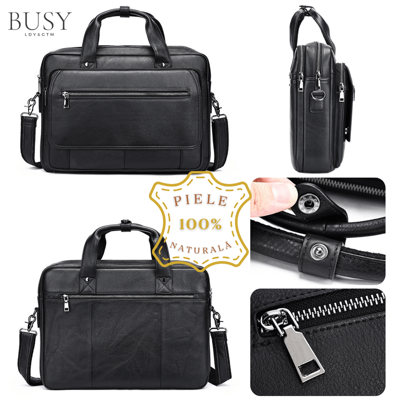 Laptop, Telefoane si Tablete - Laptopuri si accesorii - Accesorii Laptop - Genti laptop - Geanta laptop 16' din piele naturala Elit, neagra - Infinity.ro