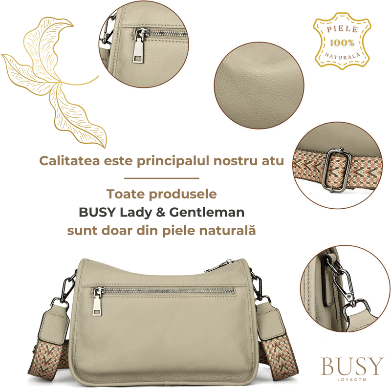 Fashion, accesorii si bijuterii - Femei - Accesorii femei - Genti si rucsacuri femei - Geanta din piele naturala pentru dama Emma, curea umar motiv traditional, Gri/bej - Infinity.ro