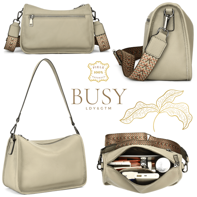 Fashion, accesorii si bijuterii - Femei - Accesorii femei - Genti si rucsacuri femei - Geanta din piele naturala pentru dama Emma, curea umar motiv traditional, Gri/bej - Infinity.ro