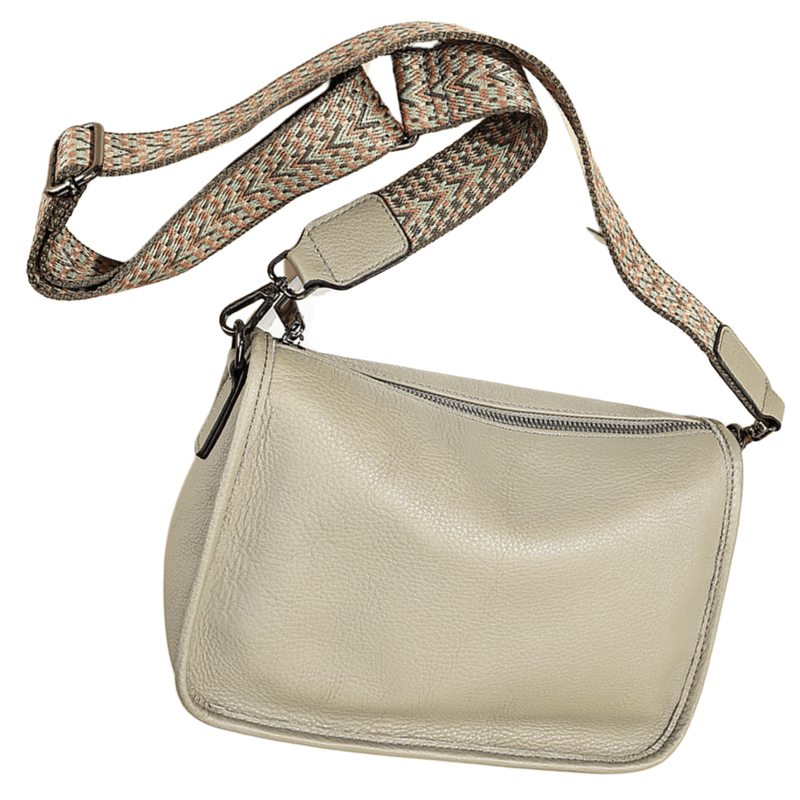 Fashion, accesorii si bijuterii - Femei - Accesorii femei - Genti si rucsacuri femei - Geanta din piele naturala pentru dama Emma, curea umar motiv traditional, Gri/bej - Infinity.ro