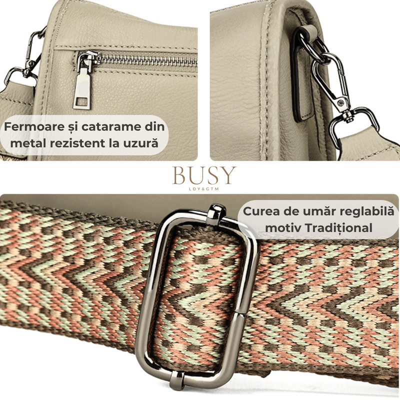 Fashion, accesorii si bijuterii - Femei - Accesorii femei - Genti si rucsacuri femei - Geanta din piele naturala pentru dama Emma, curea umar motiv traditional, Gri/bej - Infinity.ro