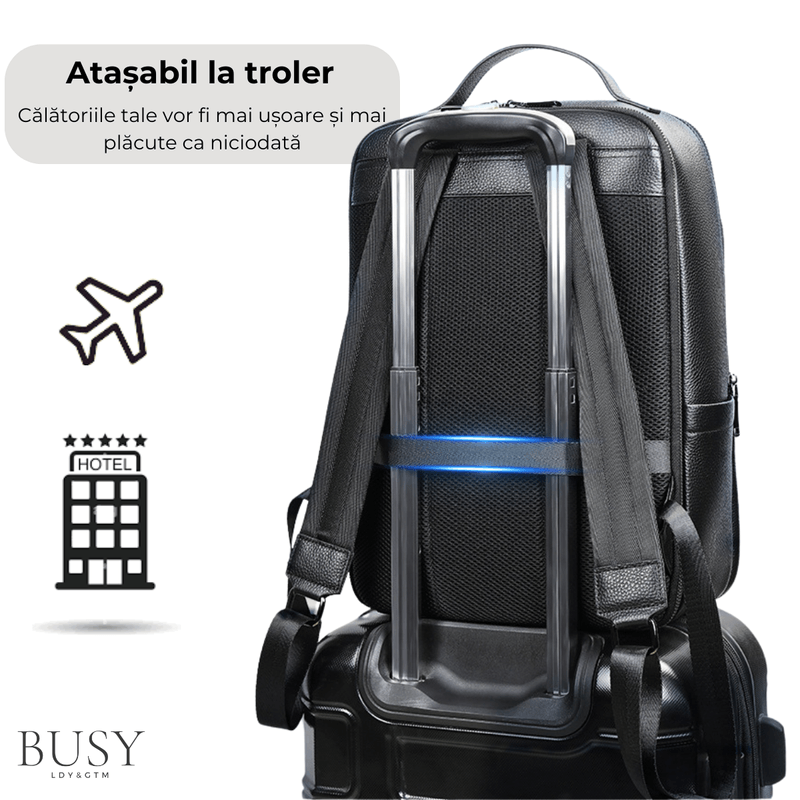 Fashion, accesorii si bijuterii - Barbati - Accesorii barbati - Genti si rucsacuri barbati - Rucsac laptop 15’ Industrial, barbati, piele naturala, suport troler, spate antiperspirant, negru - Infinity.ro