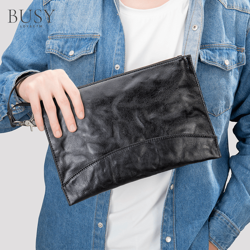 Fashion, accesorii si bijuterii - Barbati - Accesorii barbati - Genti si rucsacuri barbati - Geanta plic Barreta, piele naturala, unisex, bareta de mana, neagra - Infinity.ro