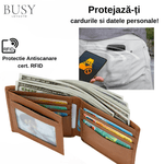Fashion, accesorii si bijuterii - Barbati - Accesorii barbati - Portofele barbati - Portofel barbati NoScan Bruiage, piele naturala, antiscanare carduri RFID, compartiment carte de identitate, maro - Infinity.ro