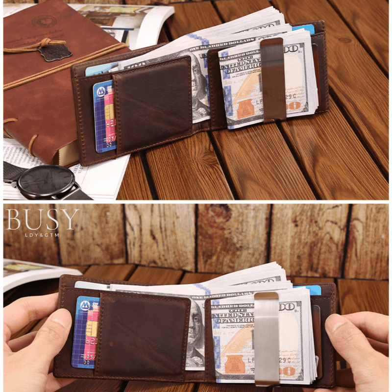 Fashion, accesorii si bijuterii - Barbati - Accesorii barbati - Portofele barbati - Portofel barbati Slim Titan, piele naturala premium, suport Apple Air Tag, antiscanare RFID, cu clema bancnote, maro - Infinity.ro