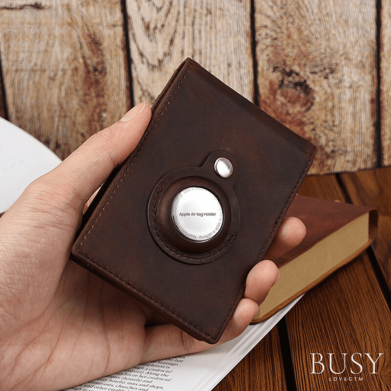 Fashion, accesorii si bijuterii - Barbati - Accesorii barbati - Portofele barbati - Portofel barbati Slim Titan, piele naturala premium, suport Apple Air Tag, antiscanare RFID, cu clema bancnote, maro - Infinity.ro