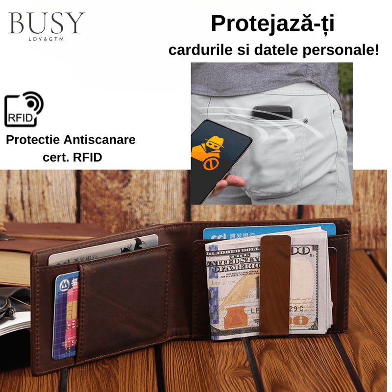 Fashion, accesorii si bijuterii - Barbati - Accesorii barbati - Portofele barbati - Portofel barbati Slim Titan, piele naturala premium, suport Apple Air Tag, antiscanare RFID, cu clema bancnote, maro - Infinity.ro