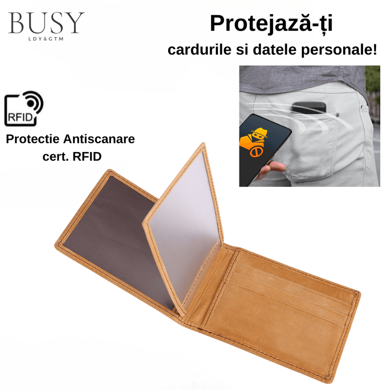Fashion, accesorii si bijuterii - Barbati - Accesorii barbati - Portofele barbati - Portofel barbati minimalist Avangard, ultra Slim, antiscanare carduri RFID, piele naturala, maro - Infinity.ro