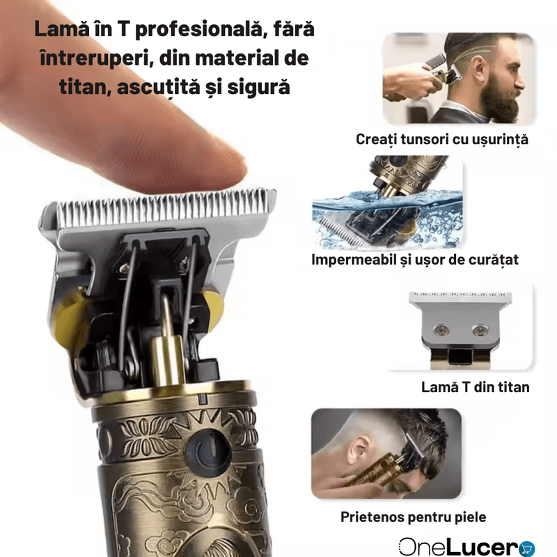 Ingrijire personala si Cosmetice - Aparate & accesorii ingrijire personala - Aparate de ras si tuns - Aparate de tuns - Trimer Profesional Contur Lame Titan, Acumulator LCD 1500 mAh, Auriu, Motor 10W 6500-7000 RPM, Silentios - Infinity.ro