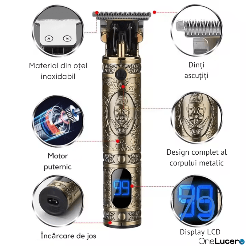 Ingrijire personala si Cosmetice - Aparate & accesorii ingrijire personala - Aparate de ras si tuns - Aparate de tuns - Trimer Profesional Contur Lame Titan, Acumulator LCD 1500 mAh, Auriu, Motor 10W 6500-7000 RPM, Silentios - Infinity.ro